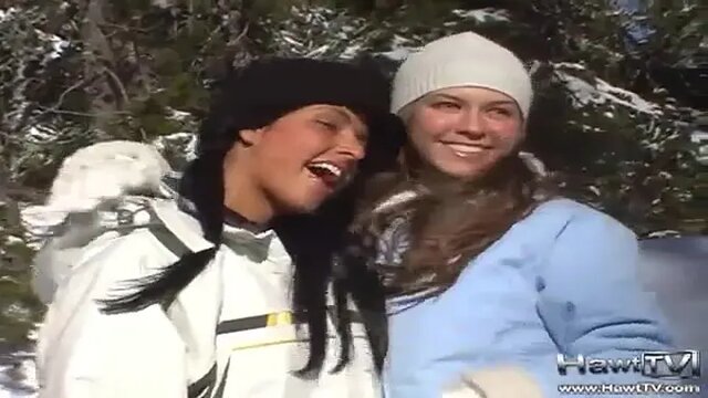 Teen slut flashes her tits and shows off her big dick outside in the snow