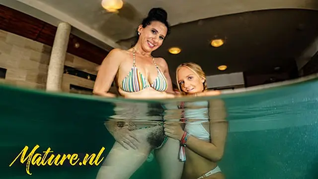 Blonde babe nails hairy mature bush at poolside &mdash;  sloppy blowjobs galore