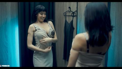 Blonde babe seduces brunette beauty in dressing room lesbian sex frenzy