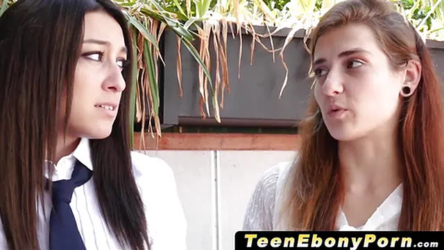 Adorable black teenie Chanell Heart sucks on white boner