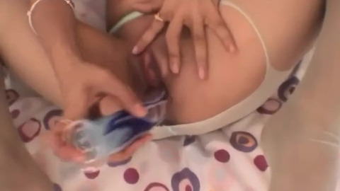 Stockinged ebony teen dildos her pussy